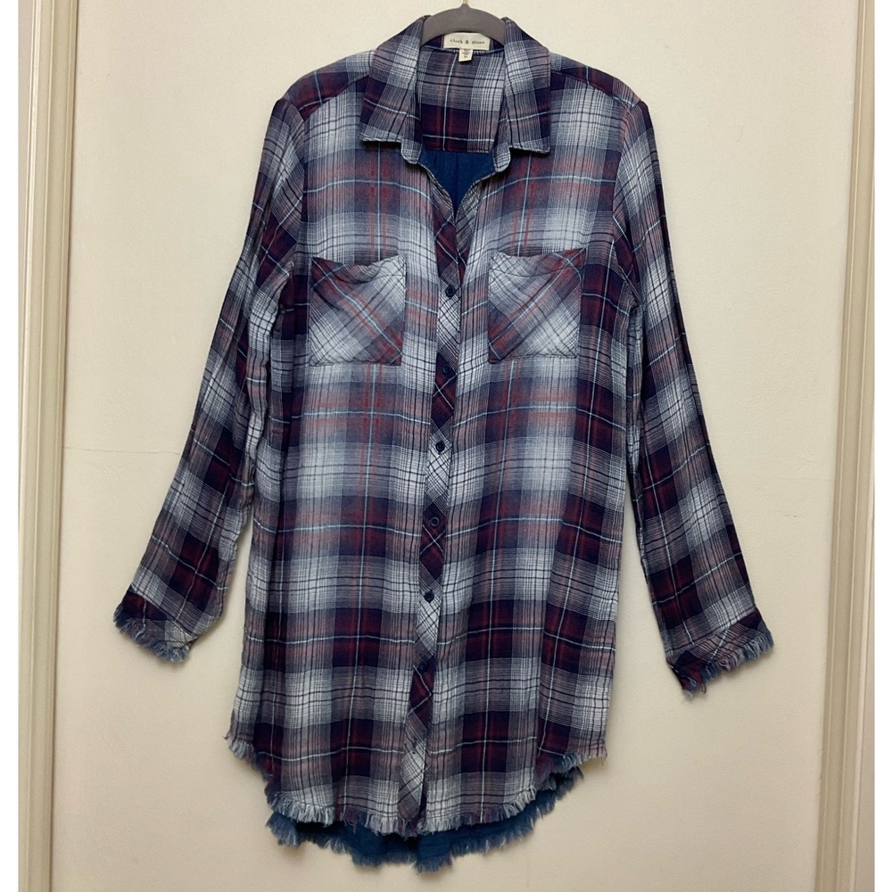 Cloth & Stone Med Frayed Edge Anthropologie Blue Plaid Dress Tunic Festival Exc